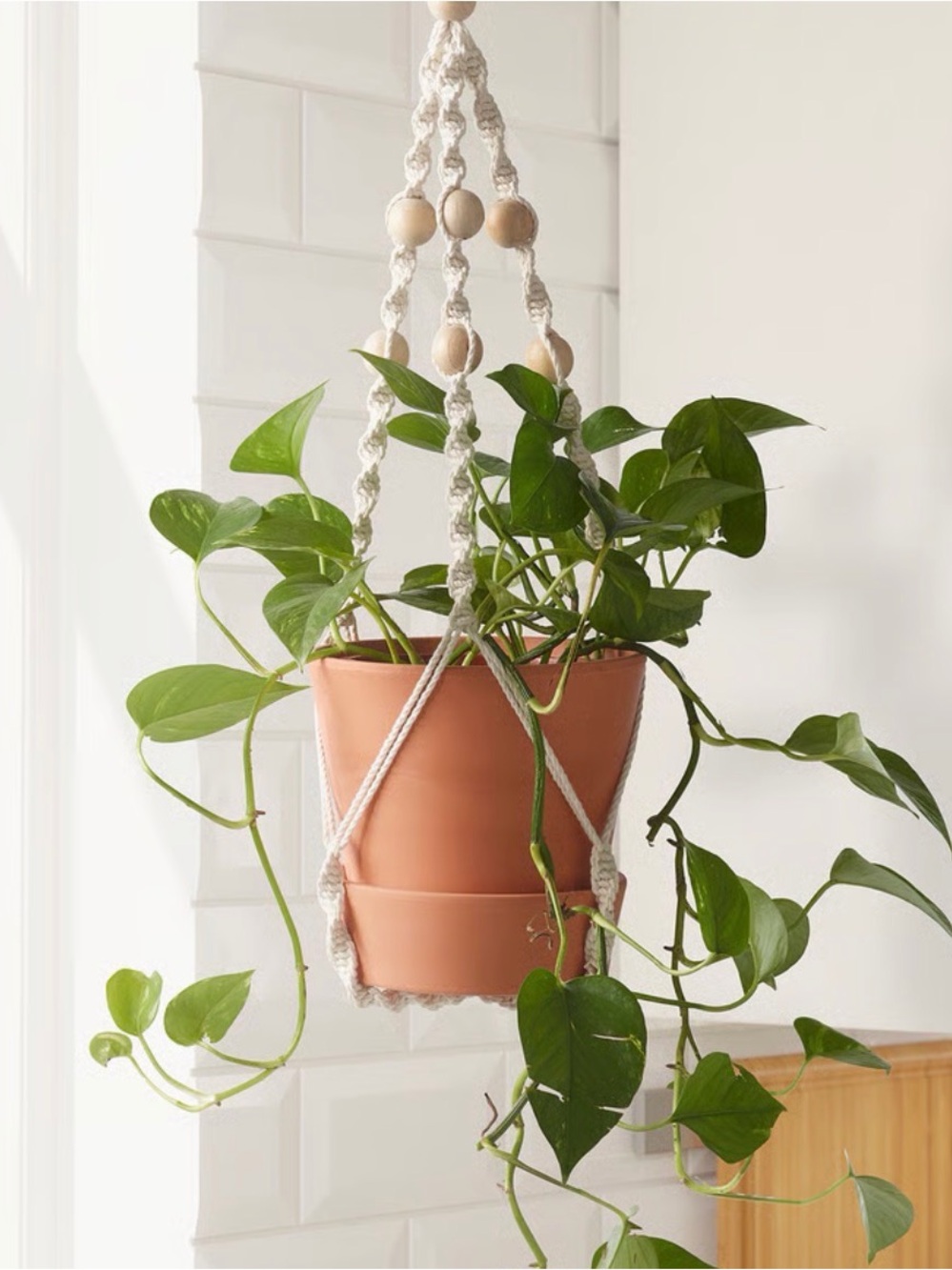IKEA Natural Wood Bead Macramé Hanging Plant Holder in Cream and Brown